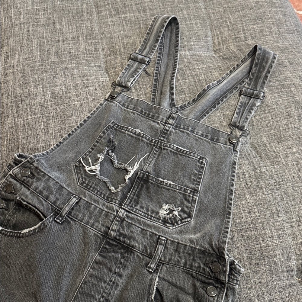 Free People Ziggy Distressed Black Denim Overalls Relaxed Straight Leg